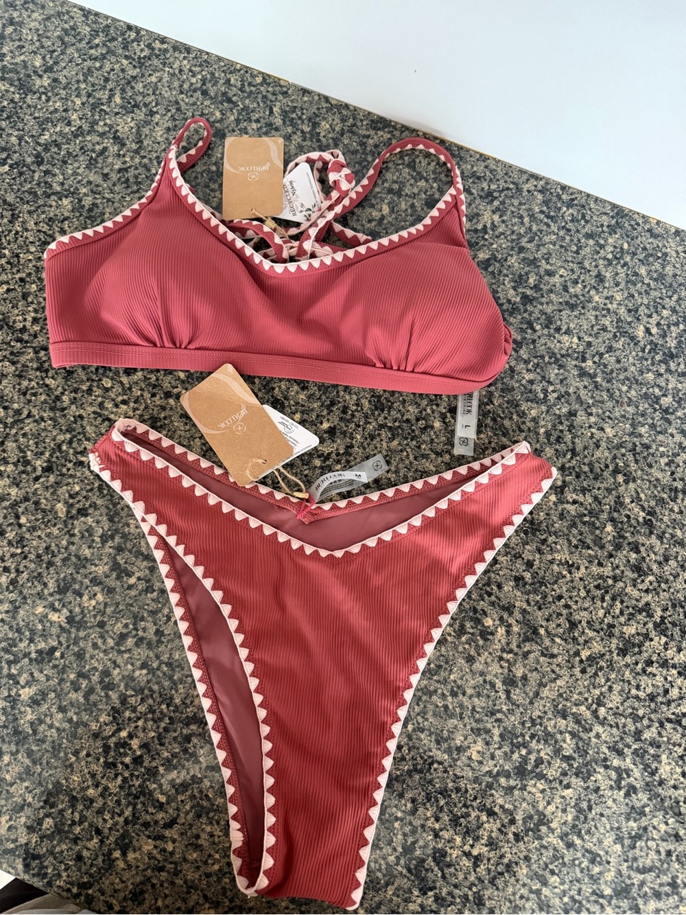 Ribbed Triangle-Trim Bikini Set in Rust Pink